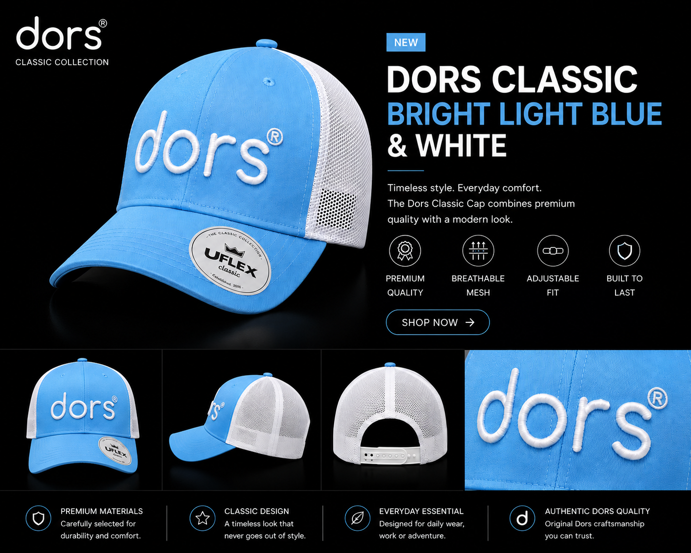 dors Classic Cap – Bright Light Blue & White