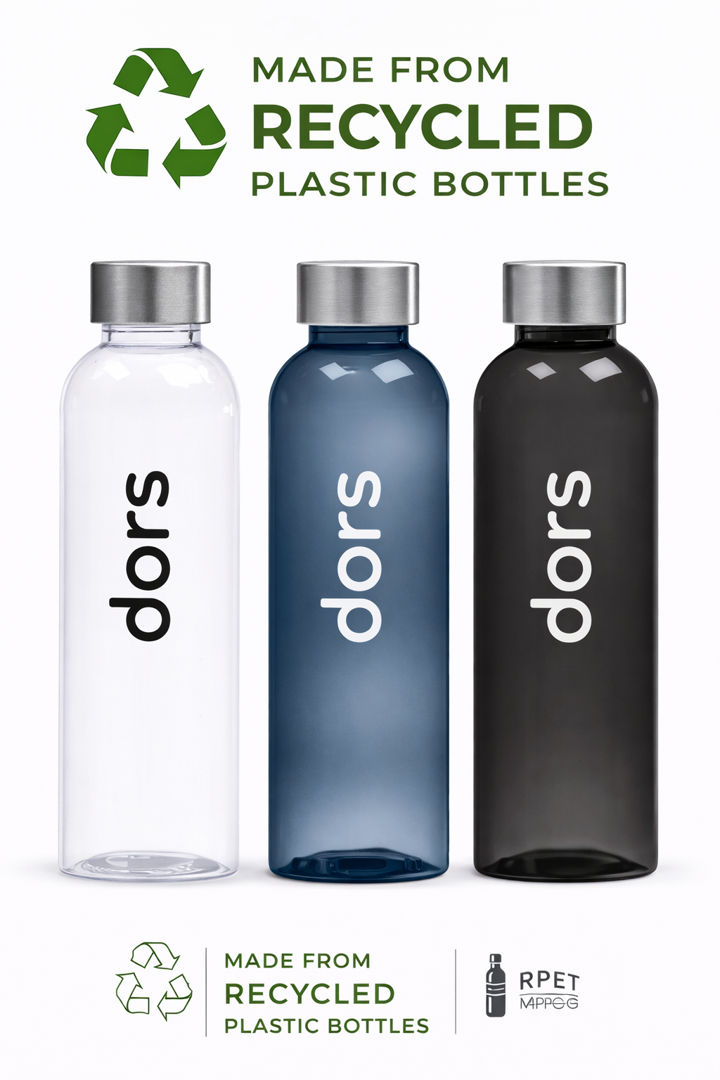 dors RPET Pack of X 3 Recycled water bottles - Made from Recycled plastic bottles