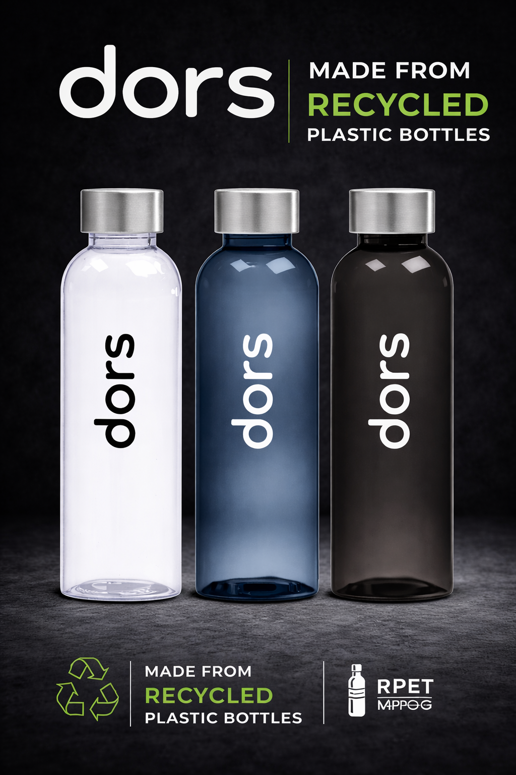 dors RPET Pack of X 3 Recycled water bottles - Made from Recycled plastic bottles